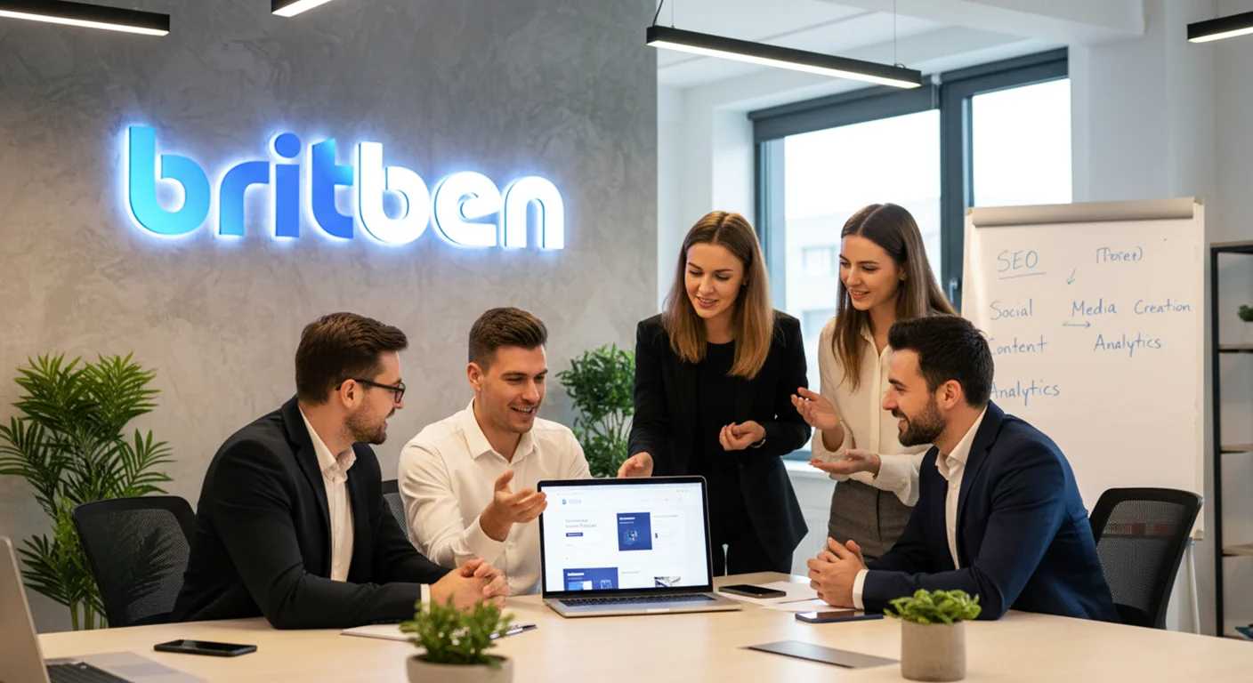 Britben web design team collaborating in office meeting