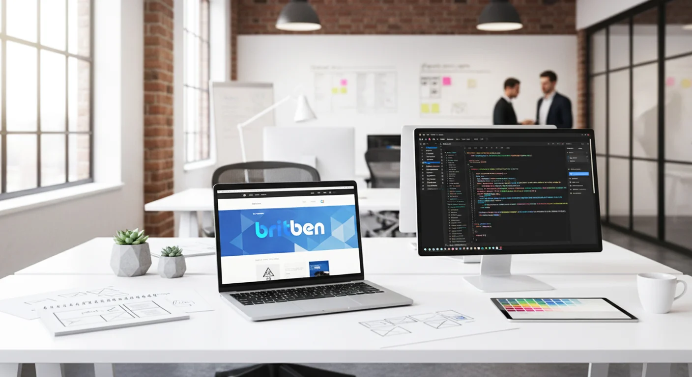 Web design Britben workspace with laptop displaying website interface and development tools