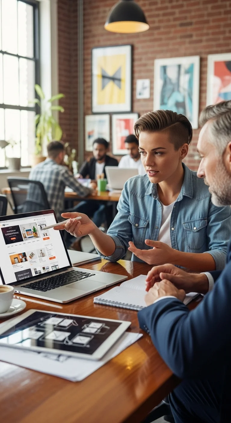 web design team discussing website layout and digital product strategy