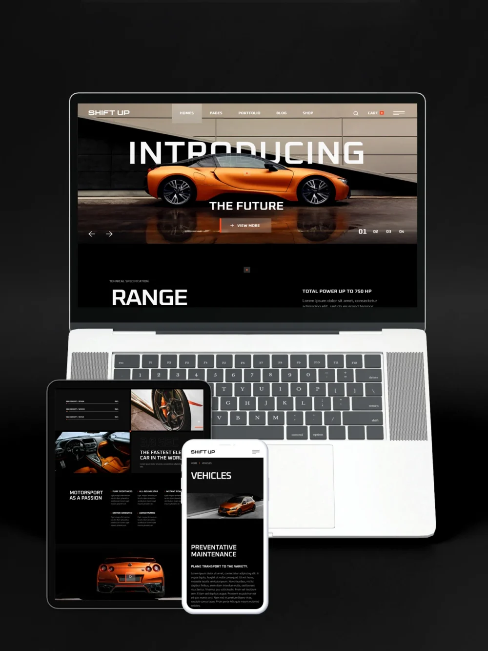 Automotive website design homepage introducing vehicle range