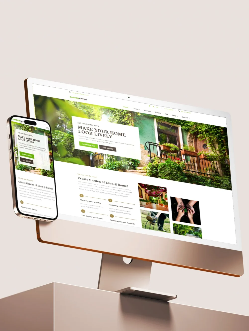 Gardening or landscaping services website design displayed on desktop and phone