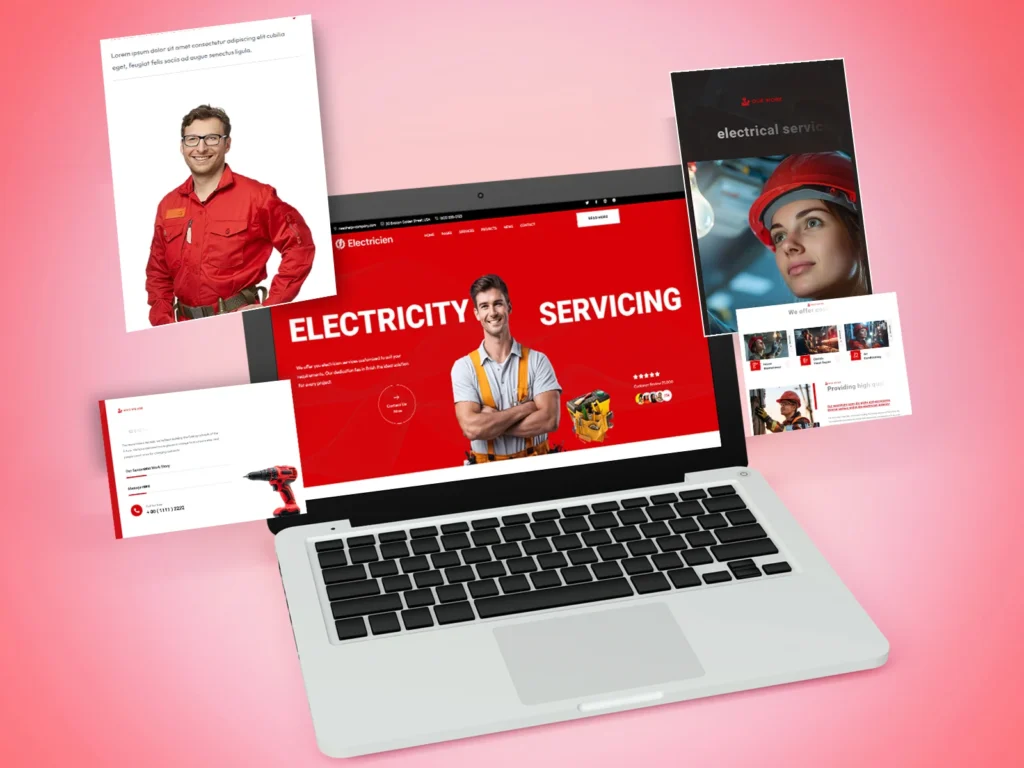 Electrical services website design displayed on laptop with red branding