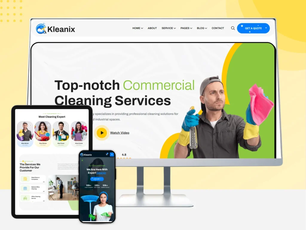 Commercial cleaning services website design banner with service team image
