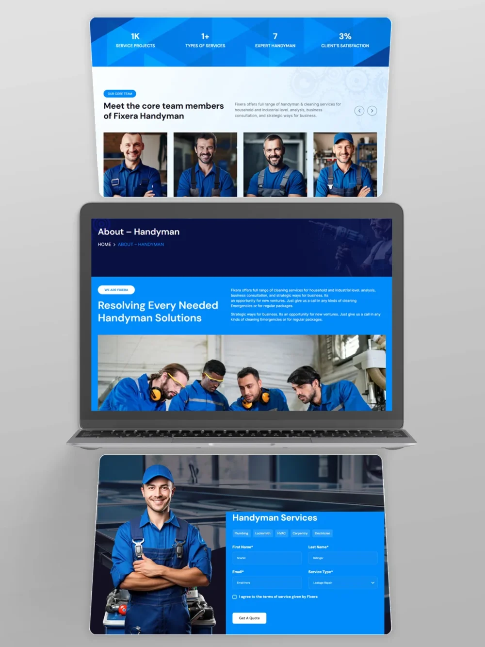 Handyman service website design in blue theme