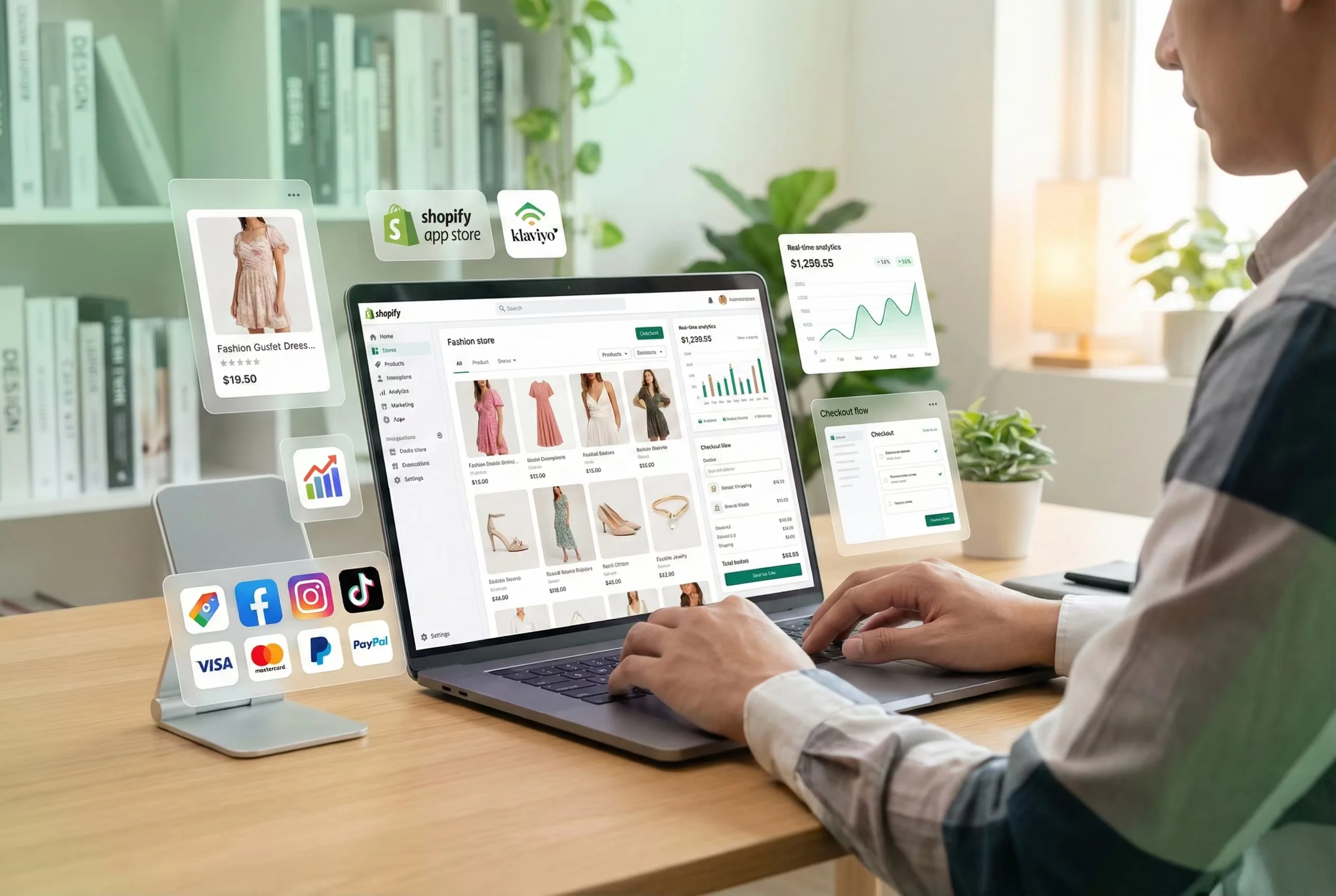Shopify store analytics and product dashboard displayed on laptop