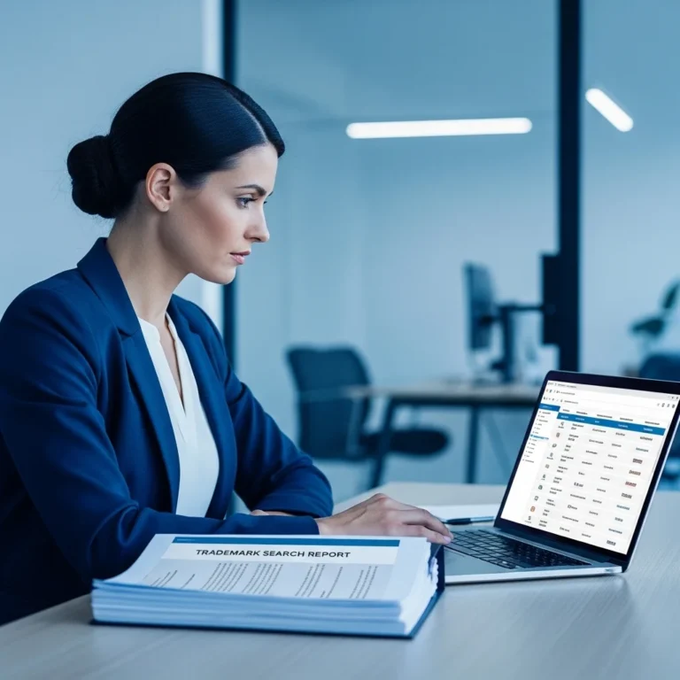 UK trademark availability search being conducted on laptop with legal documents