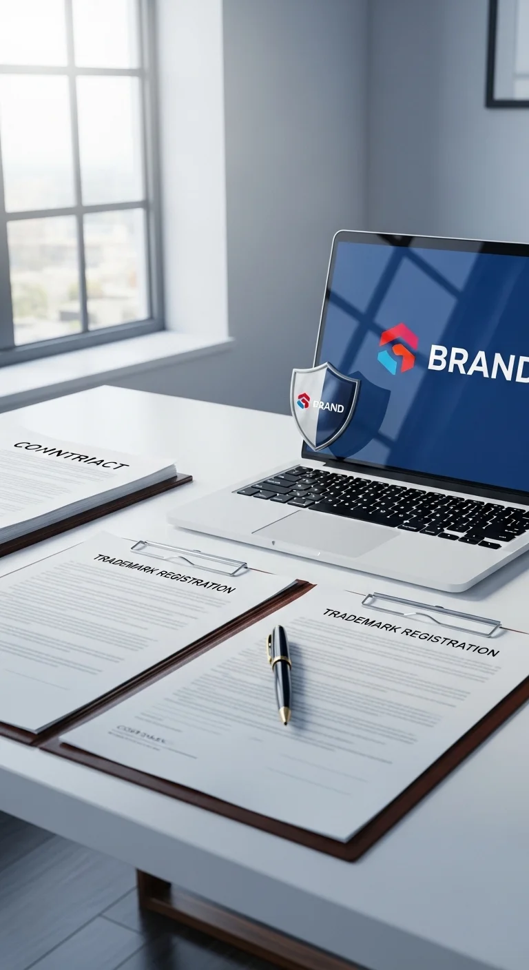 UK trademark registration documents and brand protection strategy on laptop