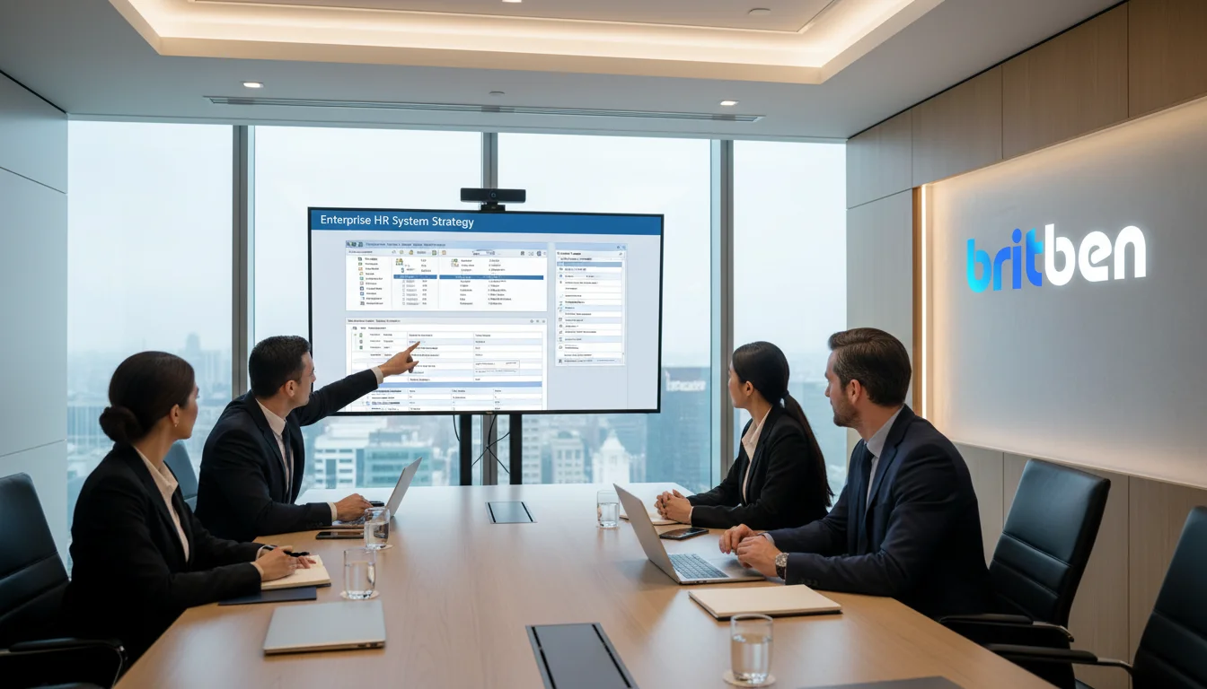 Britben PeopleSoft support team discussing HR and payroll solutions in corporate boardroom meeting