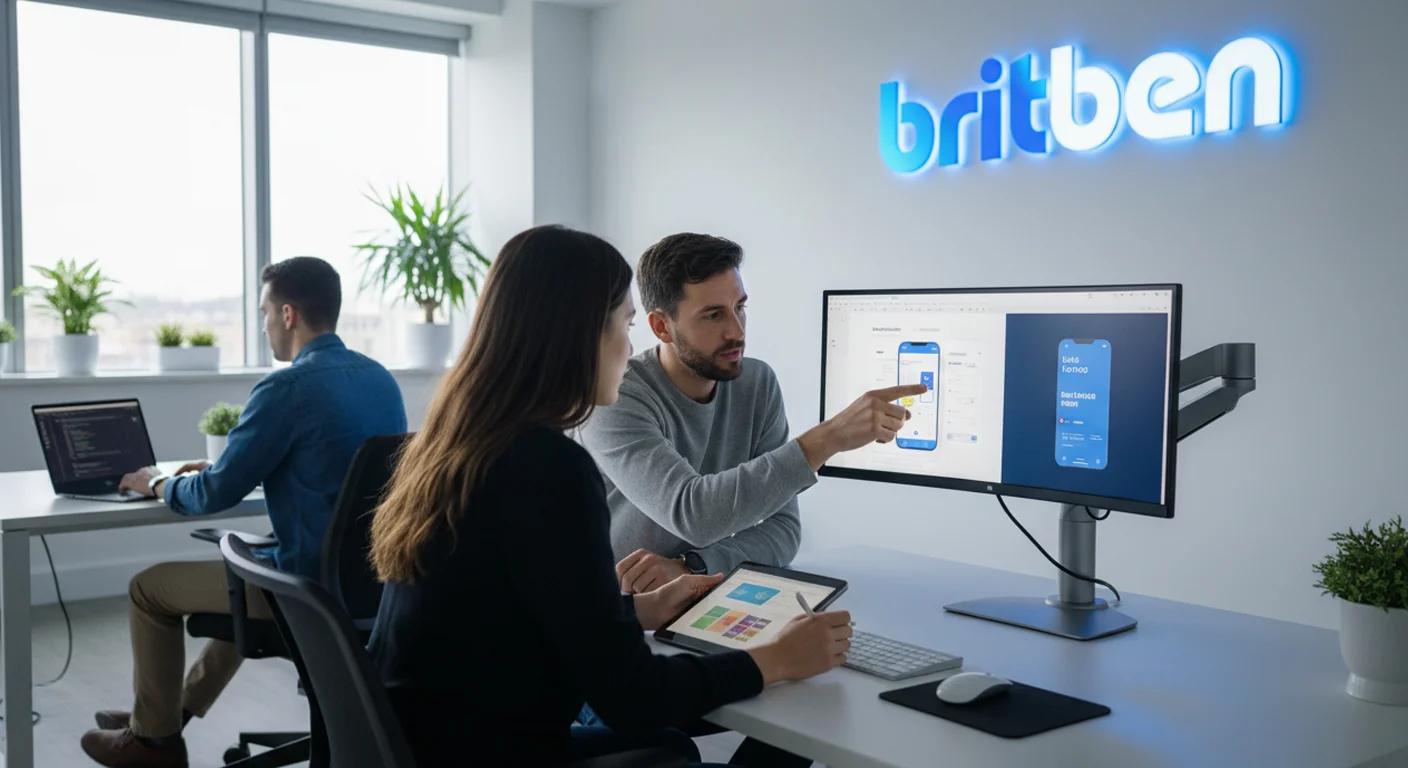 Britben UX and UI product design team collaborating on digital interface prototypes in a modern workspace