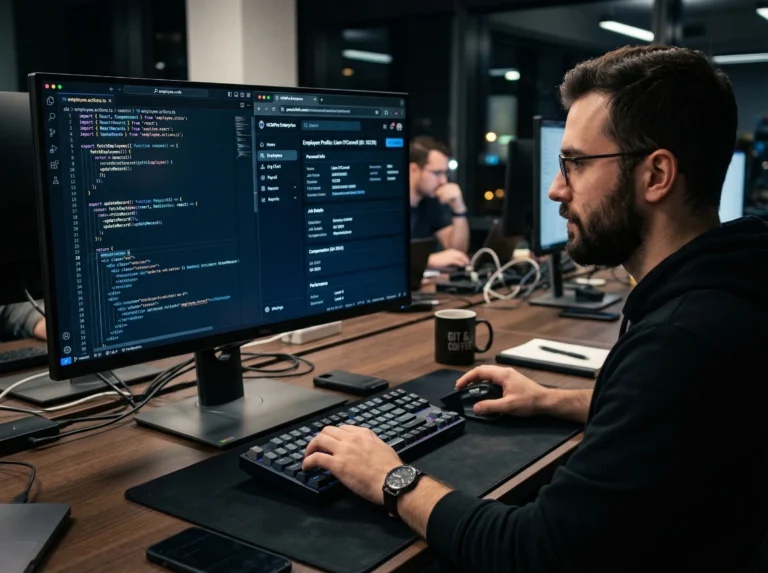 Britben PeopleSoft developer outsourcing services showing coding and backend HR payroll system development on dual screens