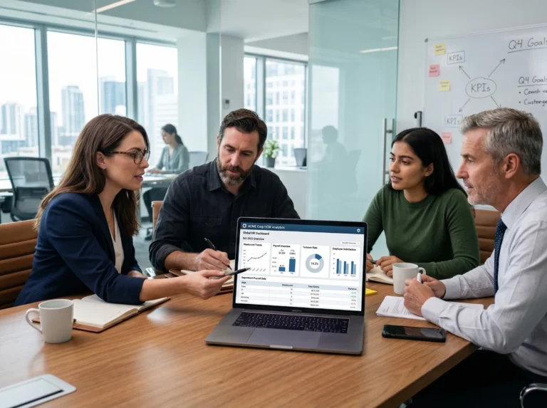 Britben PeopleSoft HR and payroll implementation services with team reviewing dashboard analytics and payroll reports