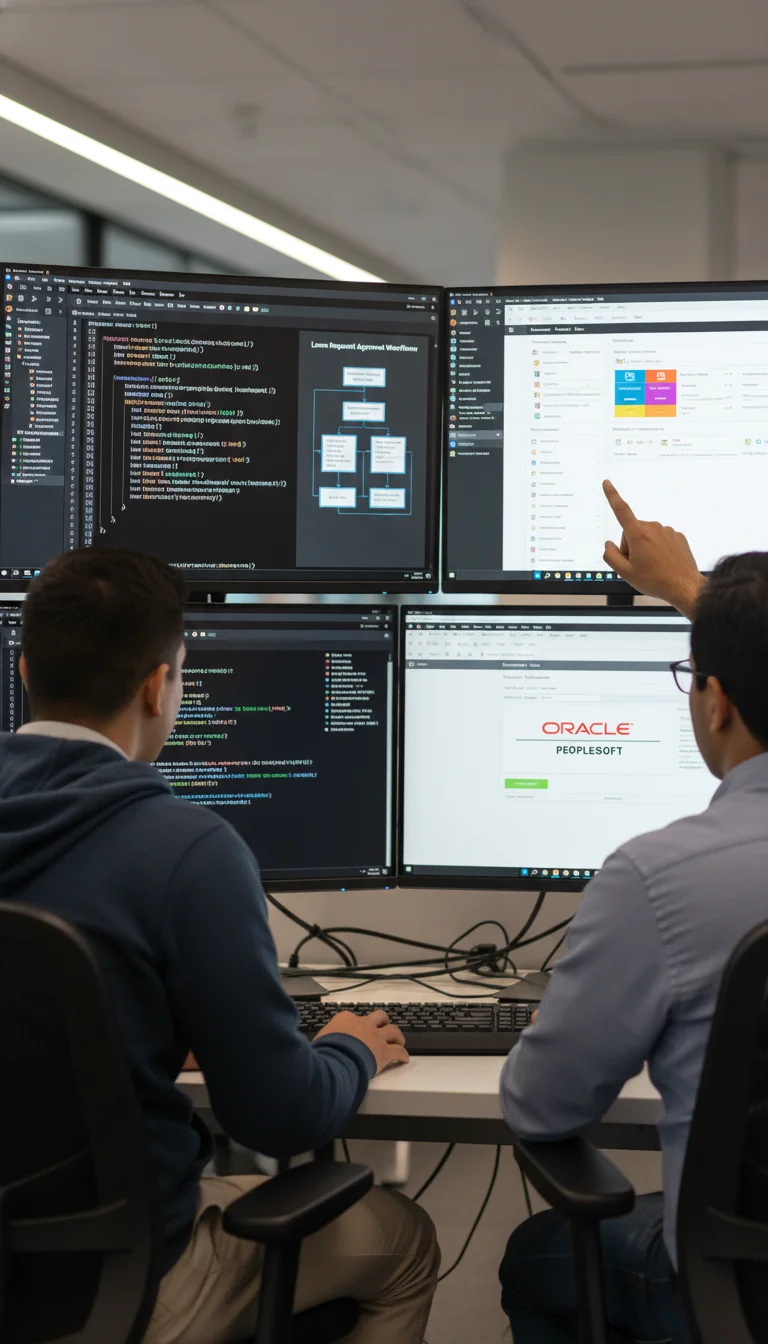 Britben PeopleSoft support professionals reviewing enterprise HR software dashboard for system management solutions