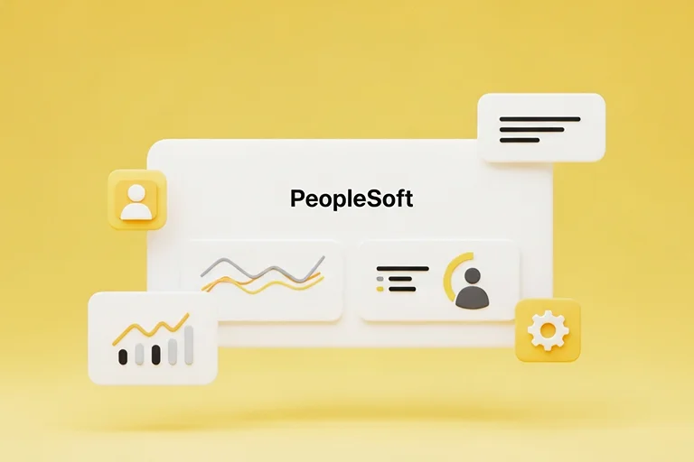 Britben PeopleSoft HR and payroll services thumbnail with minimal yellow 3D dashboard and enterprise HR system interface