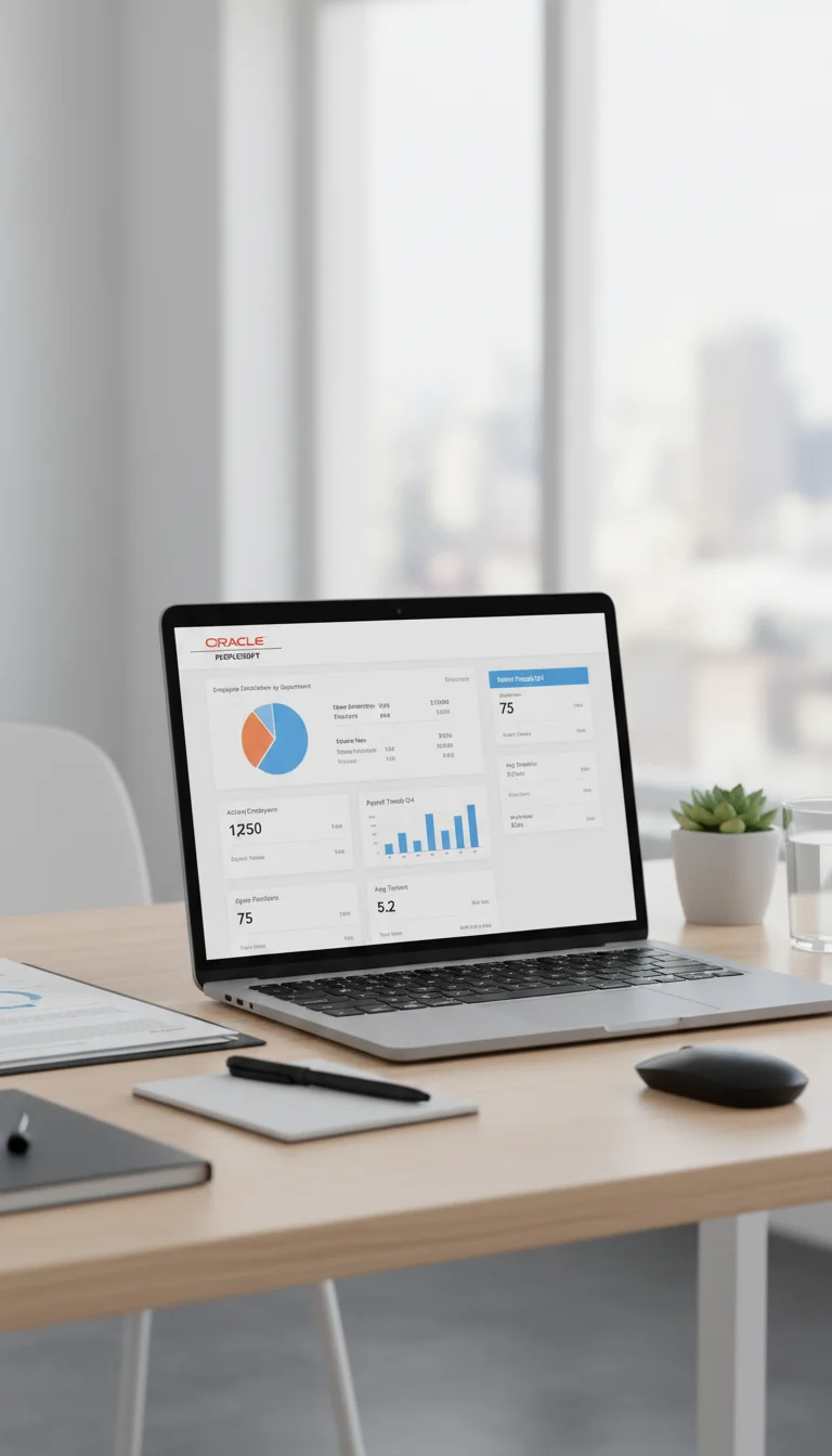 Britben PeopleSoft support experts delivering enterprise HR solutions with dashboard analysis on laptop