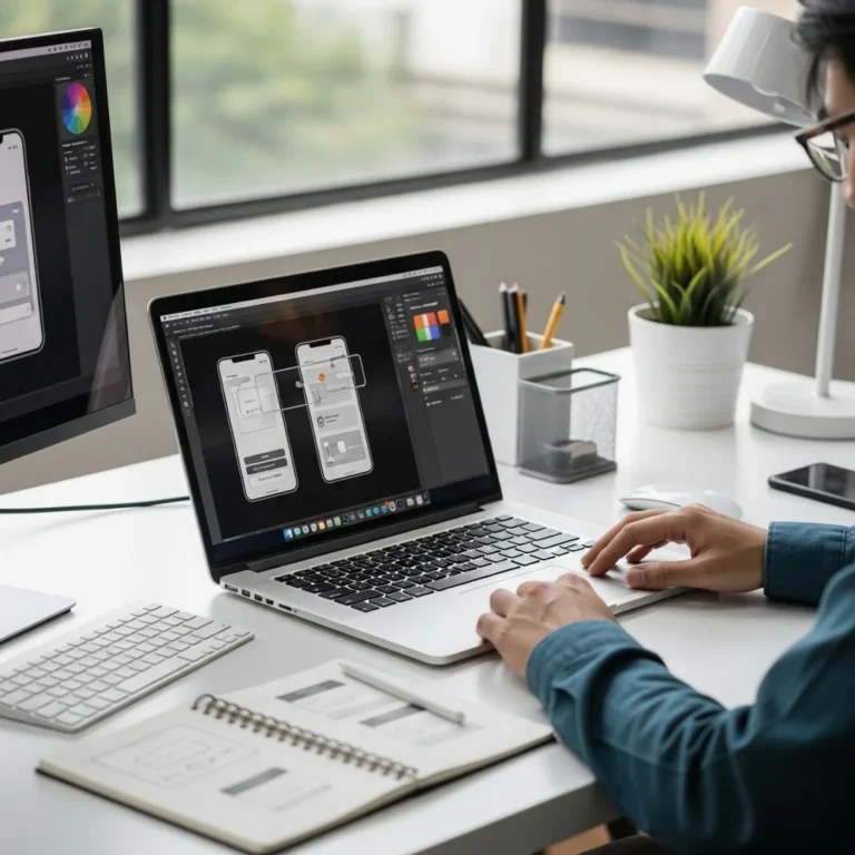 Britben UI designer creating interactive mobile app interface elements on laptop