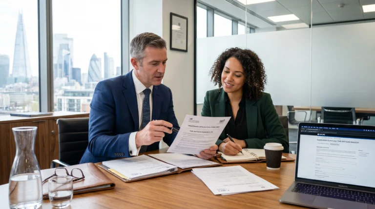 Business consultant helping a company owner complete UK trademark registration documents in a modern office.
