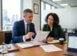 Business consultant helping a company owner complete UK trademark registration documents in a modern office.