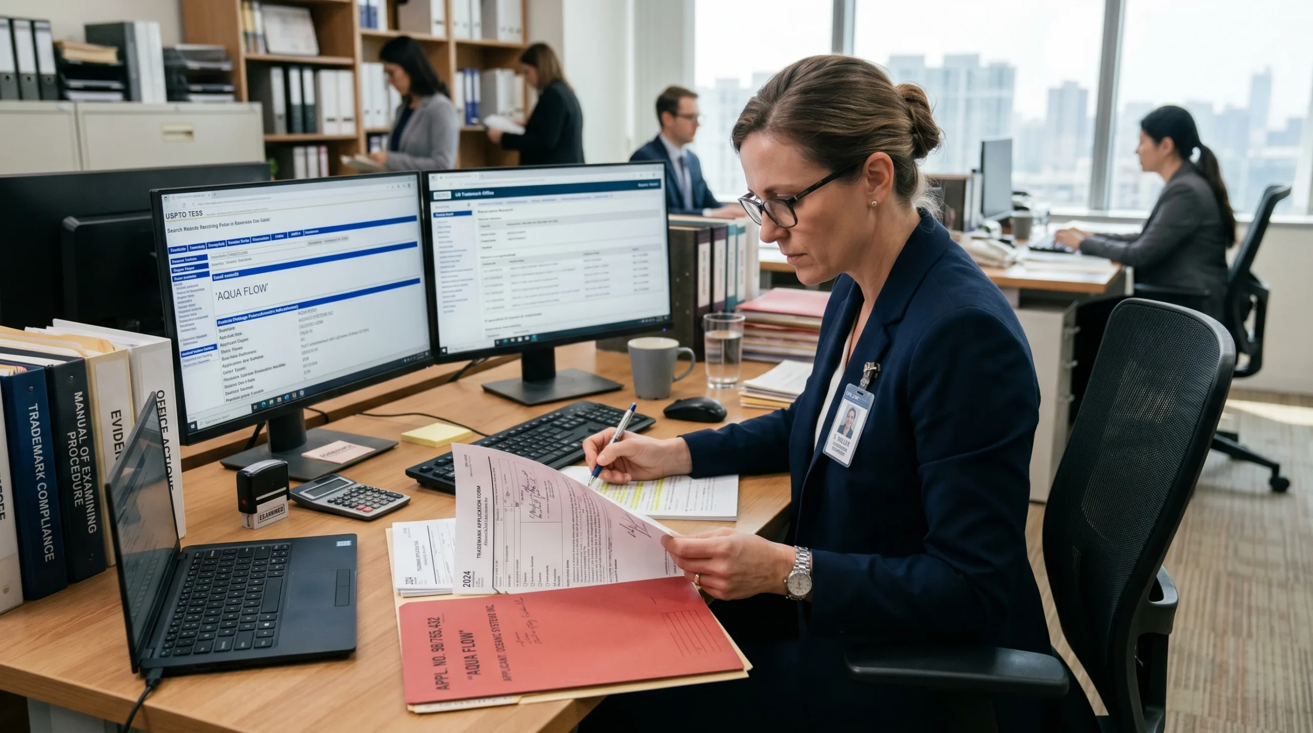Trademark examiner reviewing application documents during the UK trademark assessment process.